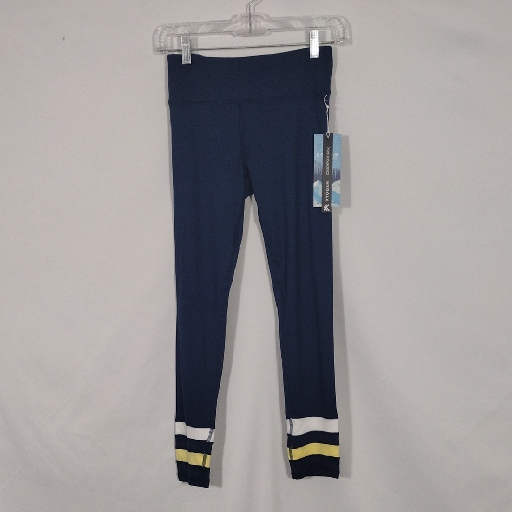 NWT Kyodan Navy Leggings  Yellow and White Stripes Base Layer Girls Size XL (14)